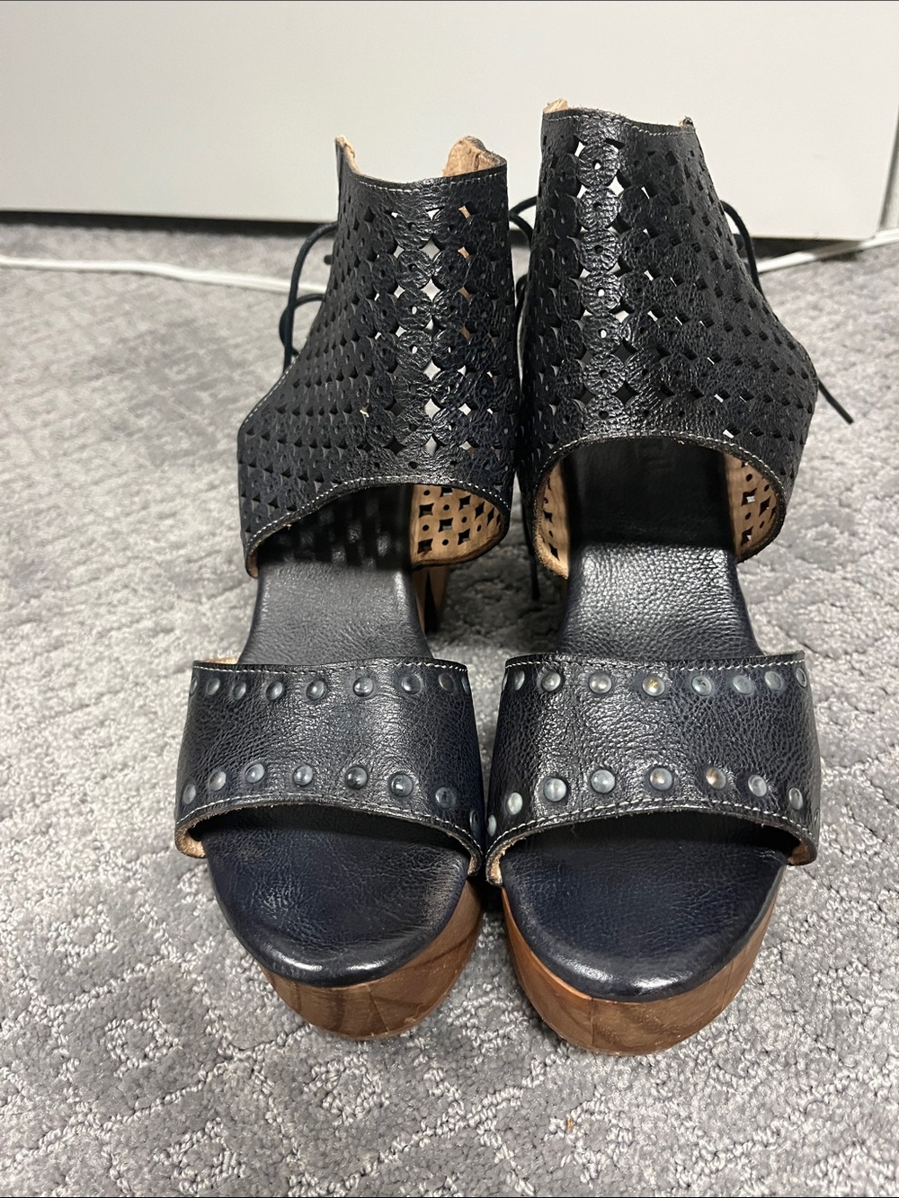 Bed Stu Black Mali Perforated Leather Platform Sandals